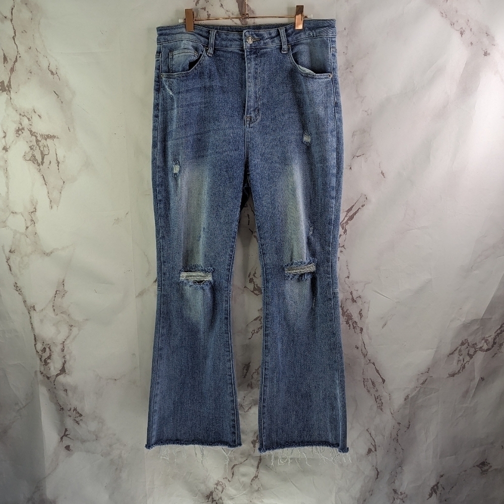 Risen Jean Womens 32 15 High Rise Flare Distressed Acid Light Wash Frayed Hem